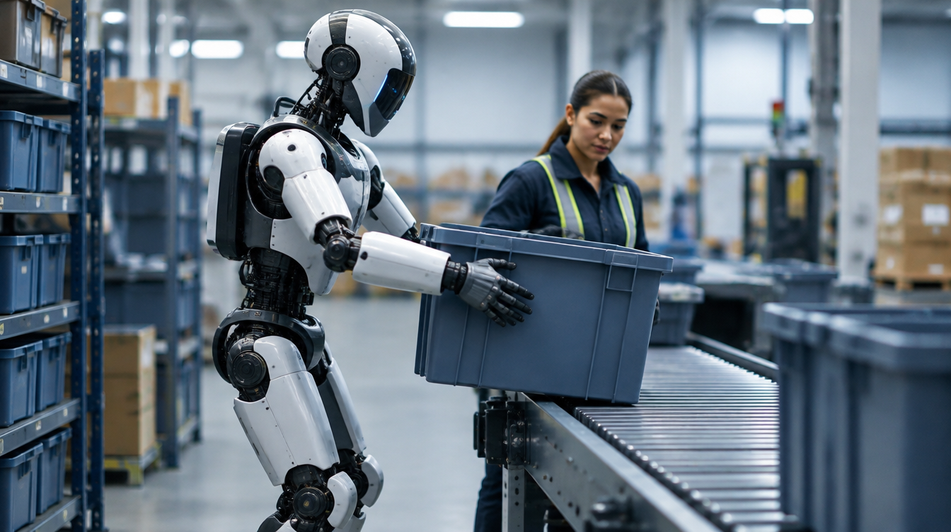 A bipedal industrial humanoid robot lifting a tote onto a conveyor beside a human worker