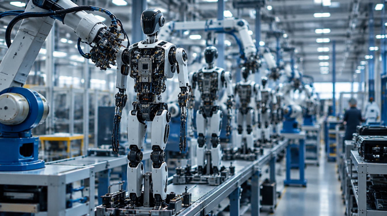 Humanoid robots being assembled on a production line inside a modern factory