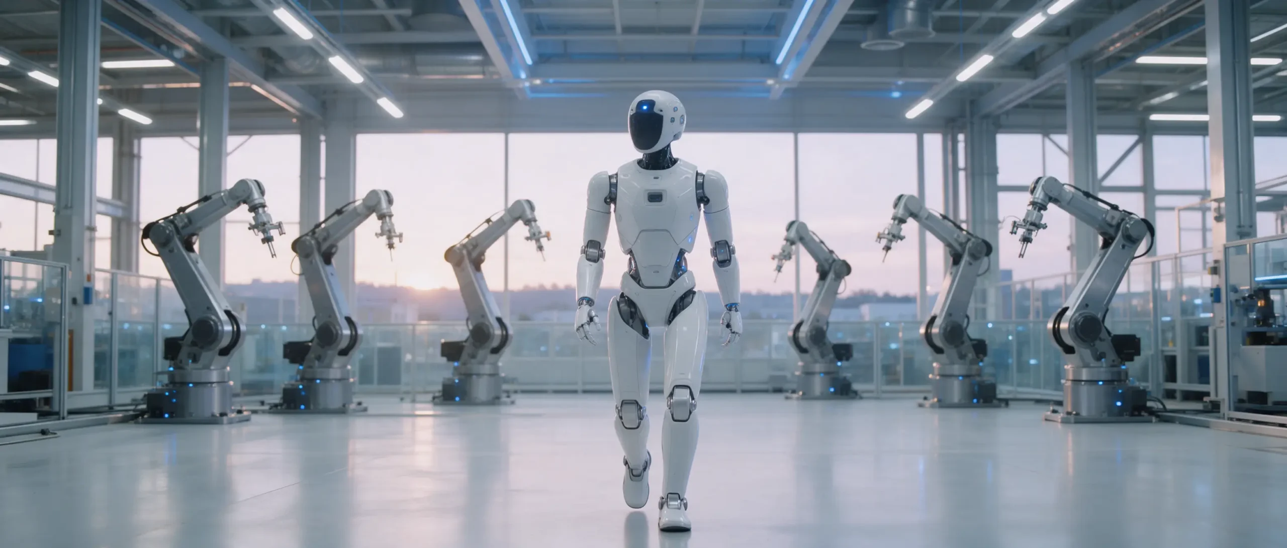 Humanoid robot walking across a bright automated factory floor