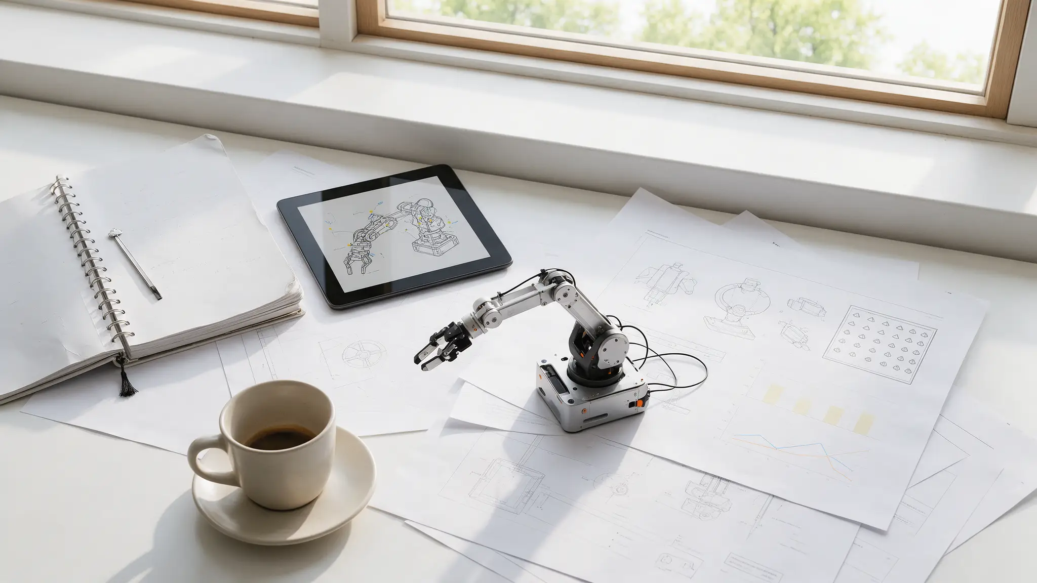 Journalist's desk with documents, charts and a desktop robotic arm model