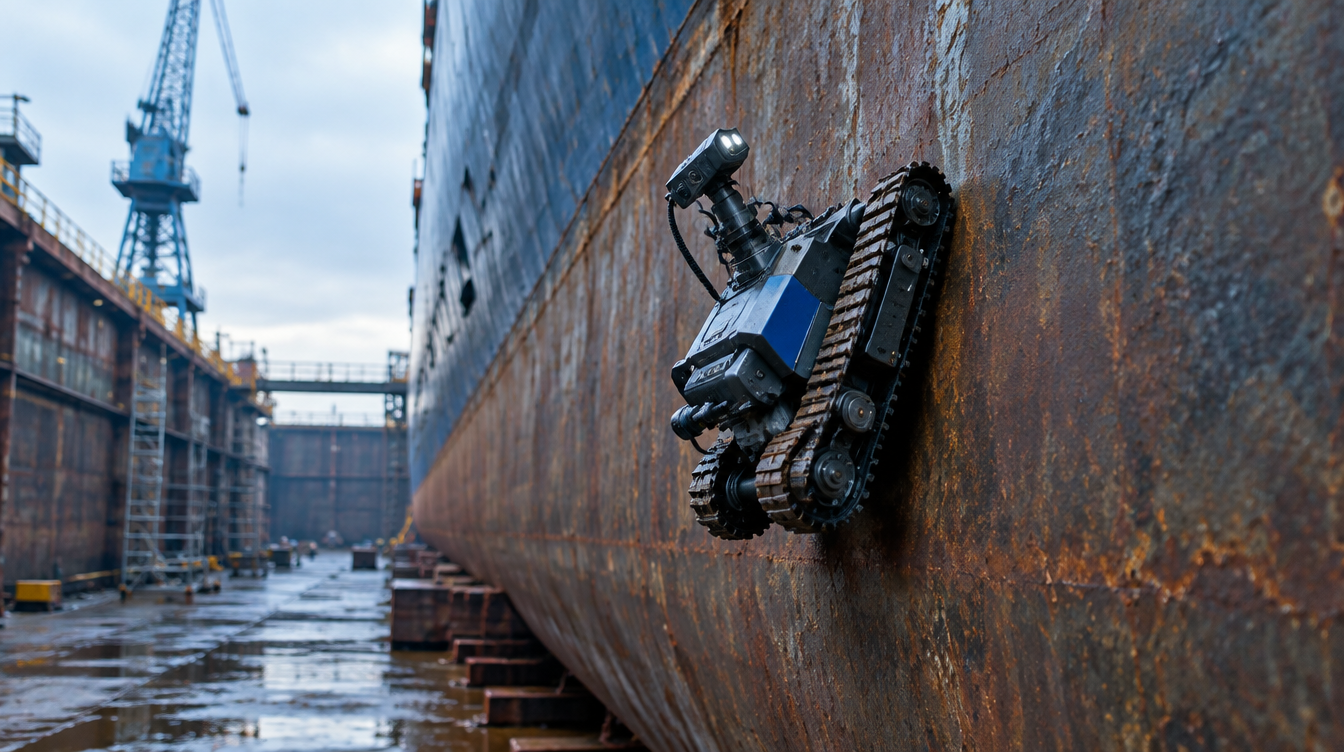 A robotic crawler working on the steel hull of a cargo ship in dry dock