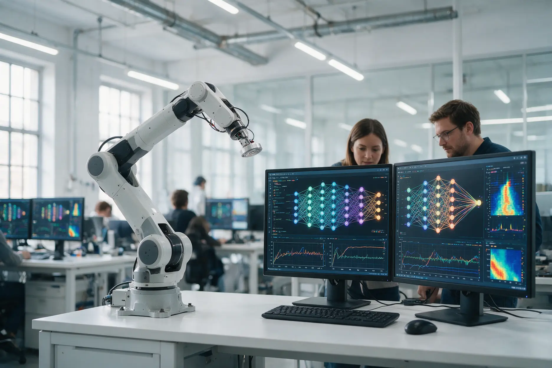 Robotic arm in a research lab with researchers reviewing training data