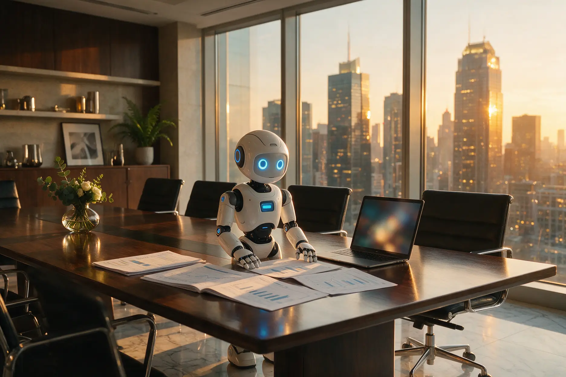 Small humanoid robot on a boardroom table beside financial documents