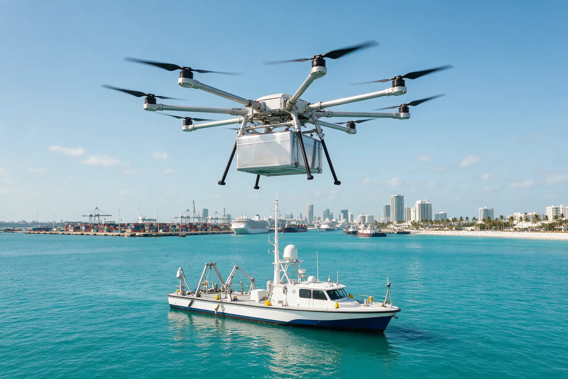 Cargo drone hovering above a harbor with an autonomous vessel below
