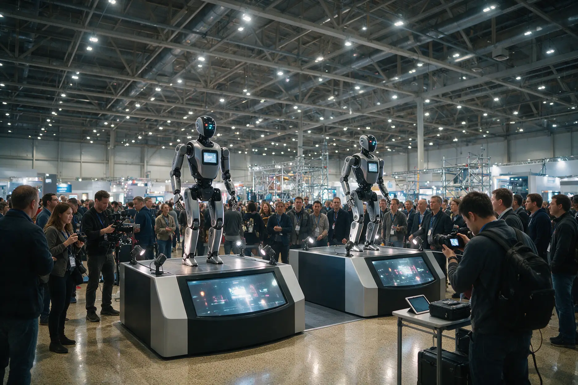 Robotics trade show floor with humanoid robots on display