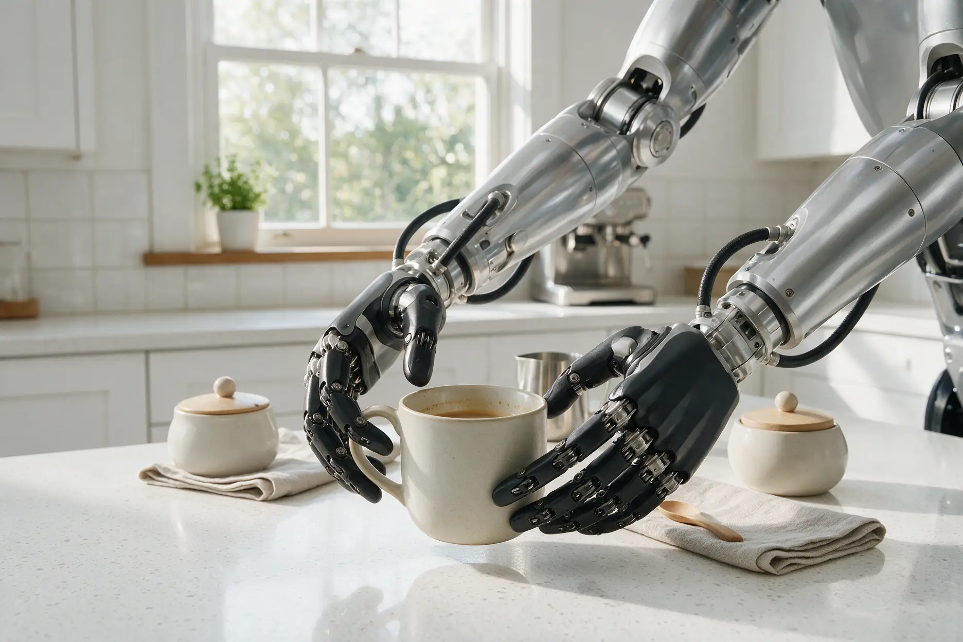 Humanoid robot hands picking up a mug on a kitchen counter