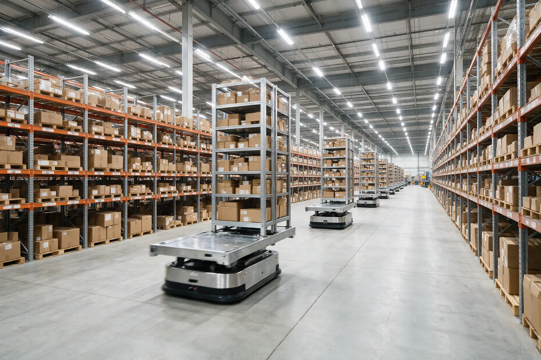 Autonomous mobile robots moving shelving through a fulfillment warehouse