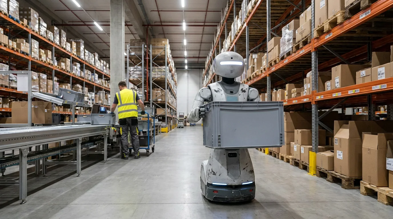 Illustration of a generic humanoid robot carrying a tote in a warehouse